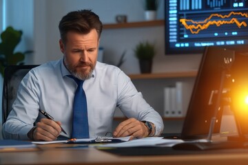 A financial expert analyzing global economic trends in a sleek office environment.