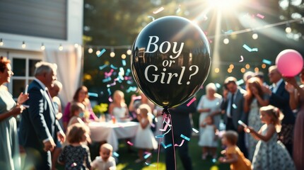 Celebratory gathering at a gender reveal party surrounded by friends and family enjoying joyful moments outdoors