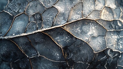Frozen Leaf Veins Displaying Delicate Winter Texture