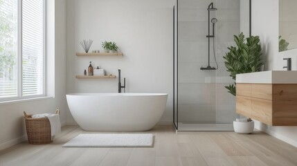 Fototapeta premium Modern Minimalist Bathroom with Freestanding Bathtub and Shower, Natural Light, Wooden Shelves, Indoor Plants, and Serene Ambiance
