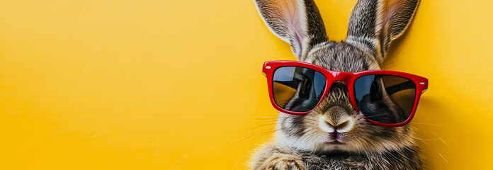 Stylish rabbit wearing red sunglasses against a bright yellow background in a playful spring setting. Generative AI