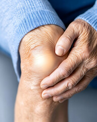 Fototapeta premium Senior with aching knee in pain, closeup photo for health, medical usage