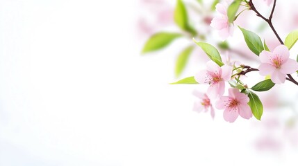 Obraz premium Delicate Pink Cherry Blossoms on Branch Against White Background