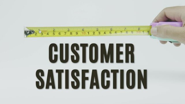 "Customer Satisfaction" text with a tape measure on a white background, symbolizing precision, accuracy, and the concept of measuring how well customer expectations are met in a clean, minimal video.