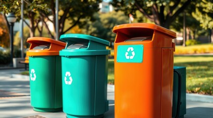 Colorful recycling bins stand proudly in a sunny park, encouraging sustainability and community engagement among visitors