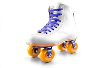 A stylish roller skate featuring a white boot, purple laces, and vibrant yellow wheels, set against a clean background.