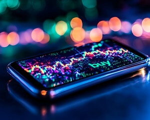 Obraz premium Smartphone displays stock market chart, suggesting online investment, with bokeh lights