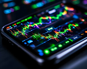 Obraz premium Smartphone shows stock chart. Finance, tech, business, commerce, market data