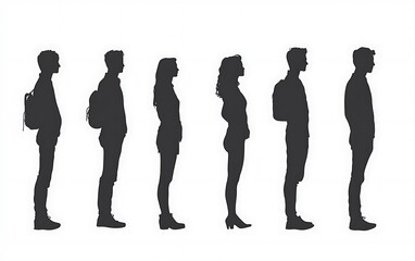 Profile Silhouettes of Young Adults,  Standing in Line,  Simple Design, for Use in Education or Presentations