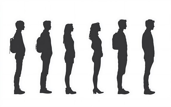 Profile Silhouettes of Young Adults,  Standing in Line,  Simple Design, for Use in Education or Presentations