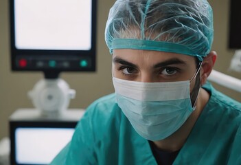 A surgeon dressed in scrubs and wearing a mask in an operating room