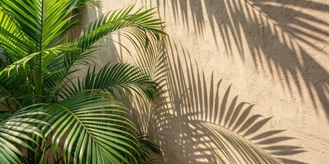Obraz premium Lush Green Palm Leaves Casting Shadows on Wall, Creating a Tropical Ambiance for Home Decor and Relaxation Spaces