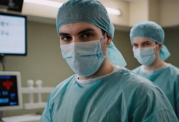 A surgeon dressed in scrubs and wearing a mask in an operating room