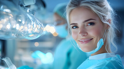 Smiling surgeon near lights. Surgery in progress background. For ads, health blogs