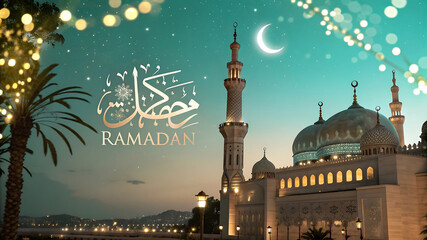 ."Ramadan Kareem: Illuminated Mosque with Crescent Moon and Calligraphy"