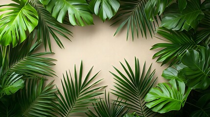 Obraz premium Flat lay composition featuring a symmetrical arrangement of fresh green coconut leaves against a neutral backdrop with soft