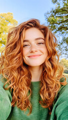 Smiling woman with curly hair takes selfie in a park during autumn daylight