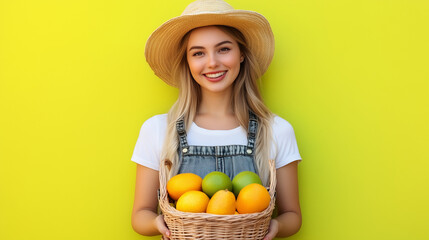 Obraz premium beauty farmer woman holding fruits in basket, marketing photography, happy to sell you a product, standing, smiling on solid background