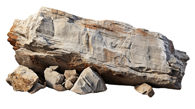 Large rock formation with smaller stones on a white isolated background.