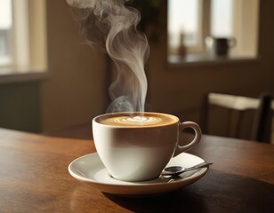 A steaming cup of coffee is placed on a table, waiting to be enjoyed