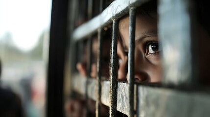 Young Child Peering Through Bars with Expressive Eyes Reflecting Curiosity and Hope : Generative AI