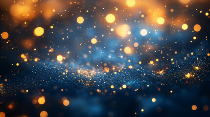 Obraz premium Golden Glitter Bokeh on Dark Blue Background – Perfect for Luxury, Events, and Festive Designs
