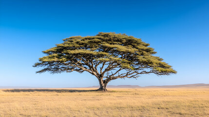 Obraz premium Solitary tree stands tall on serene savanna, against a clear blue sky; landscape