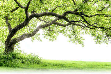 Obraz premium Solitary tree sprawling on grass, foliage creating a background of bright green tones