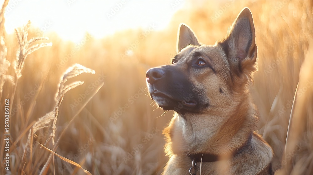 Poster adorable dog looking thoughtfully in sunlit field during golden hour : generative ai