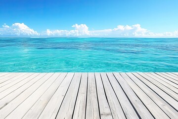 Fototapeta premium Wooden dock, turquoise ocean, sunny sky, vacation
