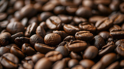 Close-up of roasted coffee beans arranged artistically, showcasing rich textures and colors
