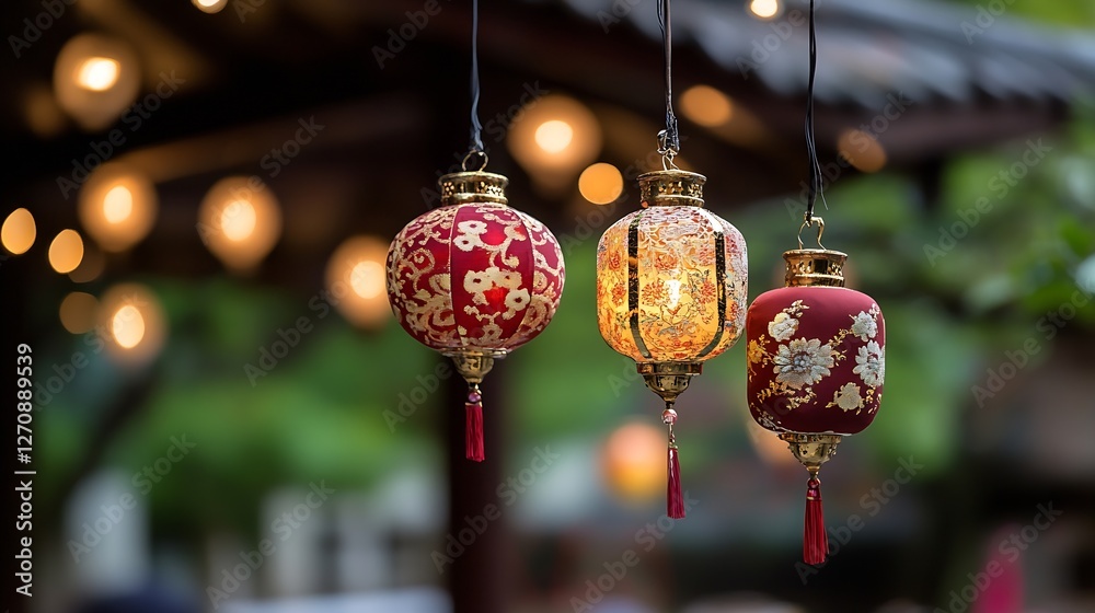 Poster Three Colorful Lanterns Hanging in a Festive Setting with Soft Glowing Lights and Warm Atmosphere : Generative AI