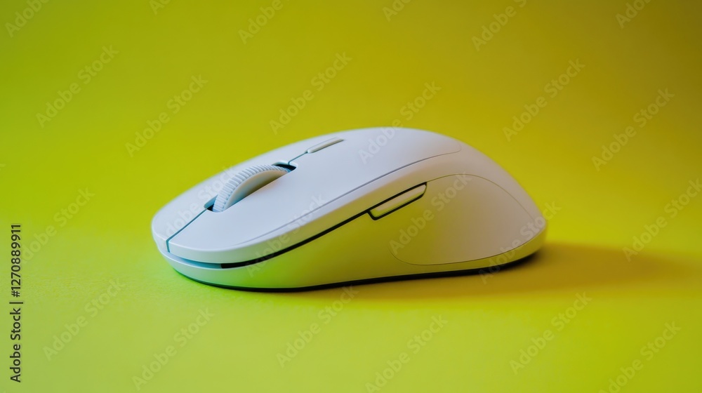 Poster wireless mouse with side scroll and customizable dpi, displayed on a bright green backdrop, symboliz