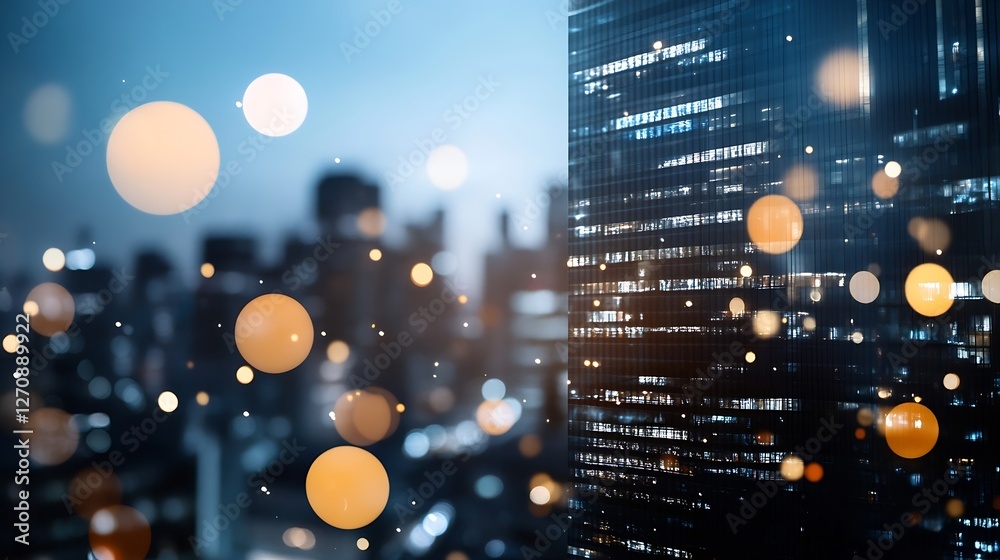 Poster Stunning cityscape at dusk with glowing bokeh lights and skyscrapers in the background : Generative AI