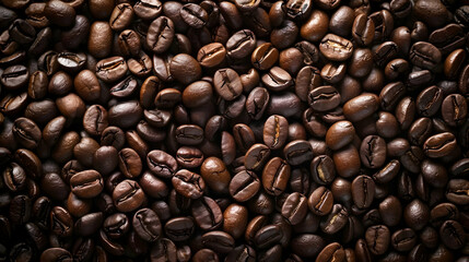 Fototapeta premium Close-up view of roasted coffee beans scattered on a dark surface, highlighting their rich texture (2)