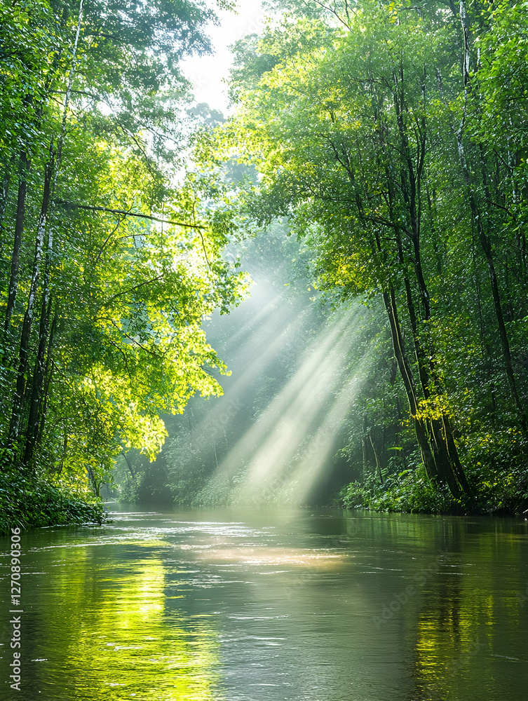 Wall mural Sunbeams shine on river in forest, creating a peaceful, spiritual, nature scene