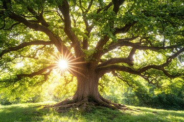 Fototapeta premium Sunlight shines through majestic oak tree in green meadow. Ecology background