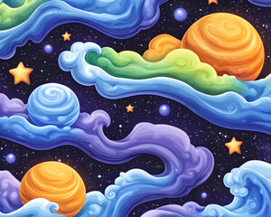 Surreal planetscape with swirling clouds and stars for space, astrology, kid content