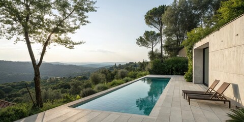 Minimalistic Swimming Pool Terrace Surrounded by Nature - Ideal for Relaxation and Design Layouts
