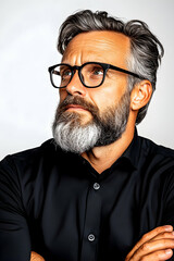 Obraz premium Thoughtful mature man in glasses pondering problem against white background