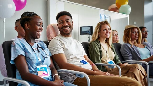People of various backgrounds seated and donating blood in a sunlit room, all sharing smiles. World Blood Donor Day
