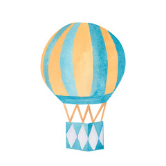 A balloon with a basket in blue and yellow stripes. A hand-drawn watercolor illustration. Design for baby products, clothes, postcards, baby shower and baby room decoration, home decor, invitations.