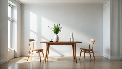 Fototapeta premium Minimalist Room: White Wall, Wooden Table, Chairs, Vase - Interior Design Photography