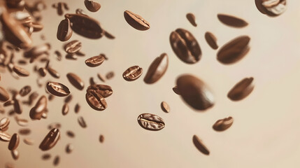 Floating coffee beans against a soft, blurred background, highlighting the essence of brewing