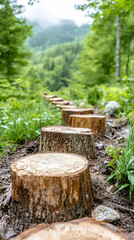 Fototapeta premium Tree stumps lead through a lush forest path, creating a natural trail