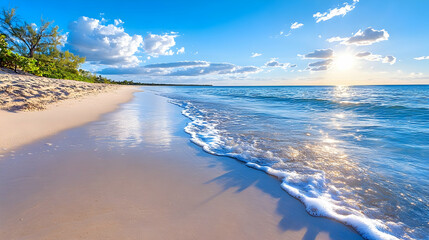Obraz premium Tropical beach coastline view with water waves reaching shore for tourism promotion