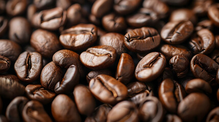 Obraz premium Close-up view of roasted coffee beans scattered on a surface, showcasing their rich texture and color (1)