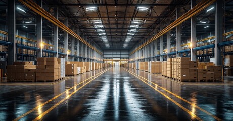 Fototapeta premium Interior of a warehouse or industrial building, often identified as a distribution center or retail warehouse, is an essential component of the storage and shipping network. The scene includes box