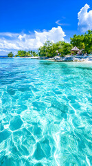 Obraz premium Tropical turquoise sea water on sandy beach near green trees and blue sky