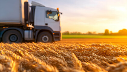 Fototapeta premium Truck transporting grain passing through field at sunrise. Transportation logistics use